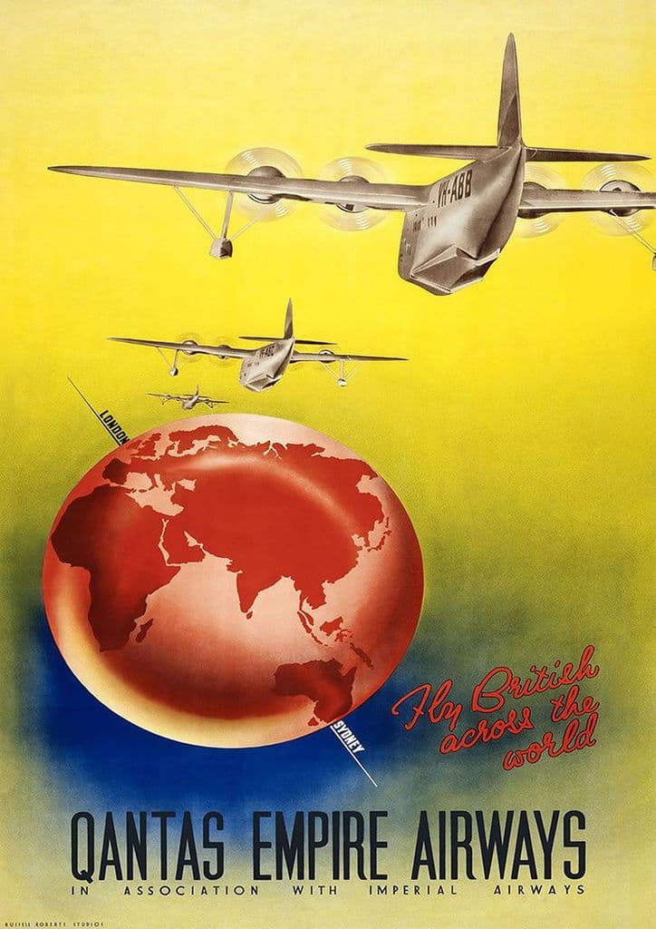 Qantas Empire Airways: Fly British Across the World. Vintage Travel/Tourism Print.  (002727)