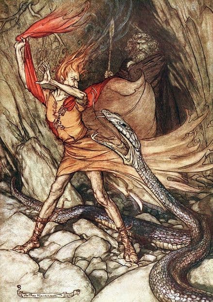 Rackham, Arthur: Loge Tricks Alberich (The Rhinegold and the Valkyrie).  (004136)