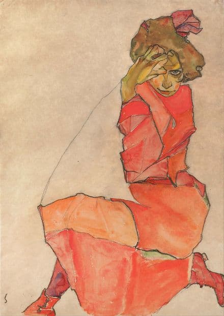 Schiele, Egon: Kneeling Female in Orange-Red Dress. Fine Art Print.  (003685)