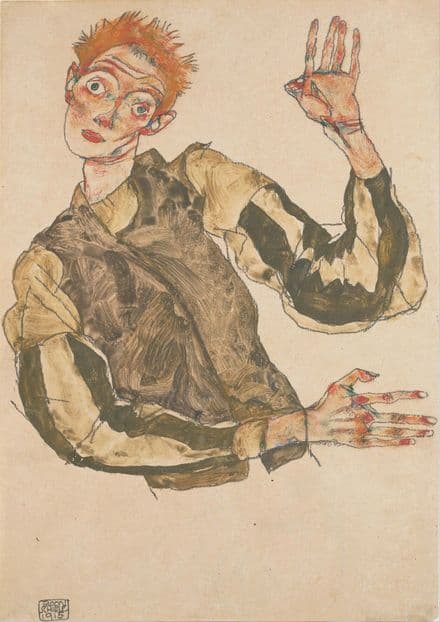 Schiele, Egon: Self-Portrait with Striped Armlets/Sleeves. Fine Art Print.  (003719)