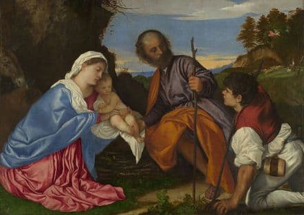 Titian (Tiziano Vecellio): The Holy Family with a Shepherd. Fine Art Print.  (001949)
