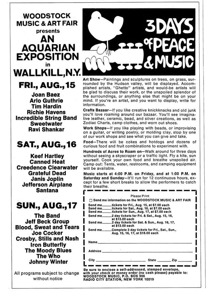 Aquarian Exposition Woodstock Music & Art Fair Advertisement Print/Poster (4856)