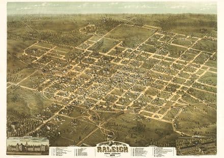 Birdseye View Map of Raleigh, North Carolina 1872 Print/Poster (5427)