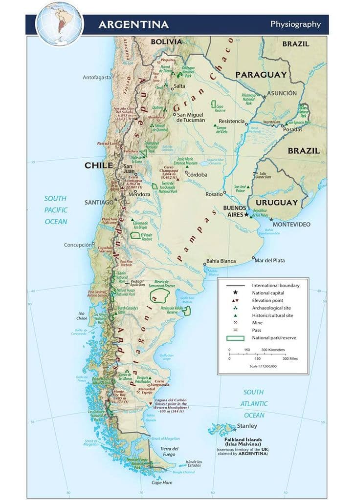 CIA Map of Argentina 2015 (Physiography) Including Falkland Islands. Print/Poster (5209)