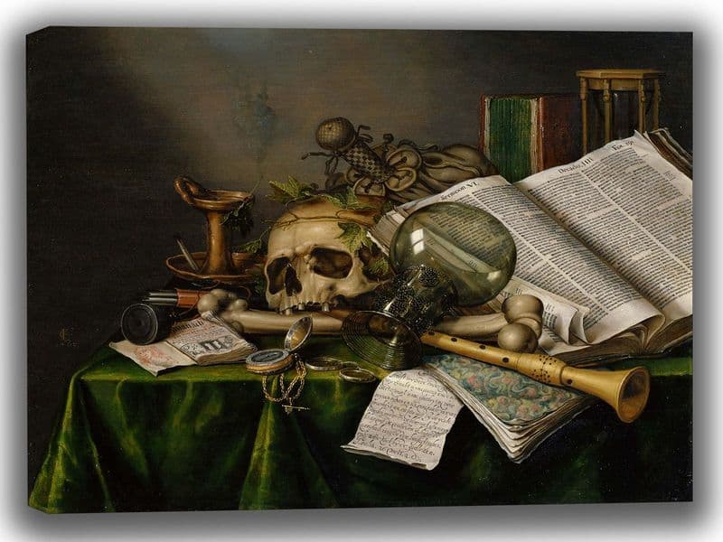 Collier, Edwaert: Vanitas - Still Life with Books, Manuscripts and a Skull. Fine Art Canvas. Sizes: A4/A3/A2/A1 (003979)