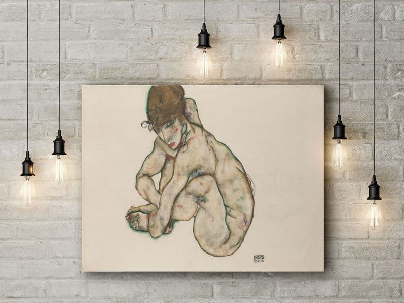 Egon Schiele: Crouching Nude Girl. Fine Art Canvas.
