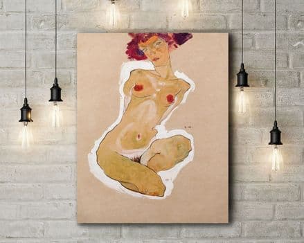 Egon Schiele: Squatting Female Nude. Fine Art Canvas.