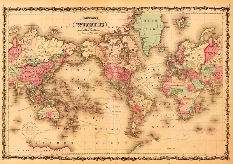 Johnsons World Map 1862 Antique Print/Poster (5375)