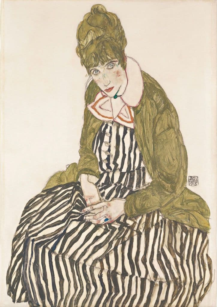 Schiele, Egon: Edith with Striped Dress, Sitting. Fine Art Print/Poster. Sizes: A4/A3/A2/A1 (003679)