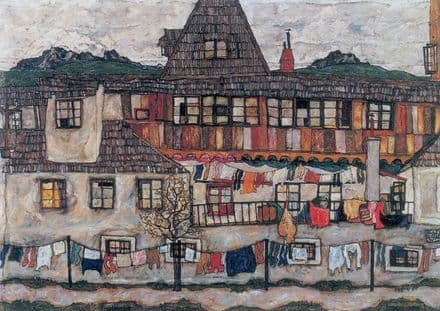 Schiele, Egon: House with Drying Laundry/Clothes. Fine Art Print/Poster. Sizes: A4/A3/A2/A1 (00150)