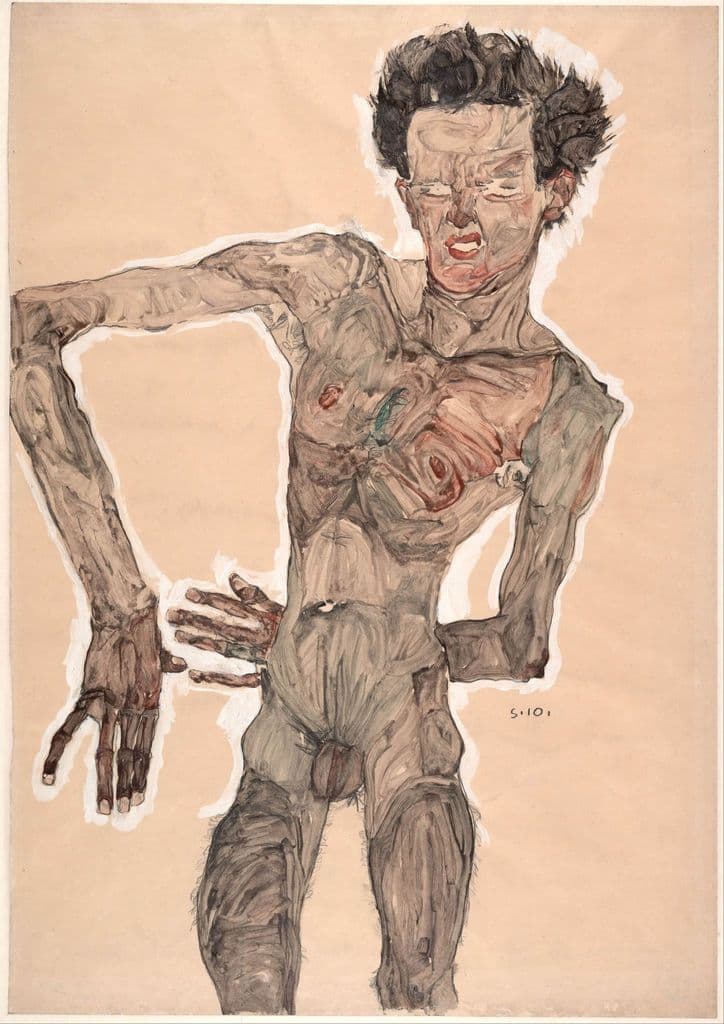 Schiele, Egon: Nude Self-Portrait, Grimacing. Fine Art Print/Poster. Sizes: A4/A3/A2/A1 (003697)