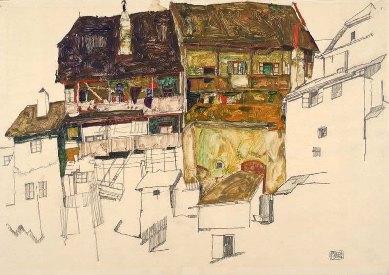 Schiele, Egon: Old Houses in Krumau, 1914. Fine Art Print/Poster. Sizes: A4/A3/A2/A1 (003700)