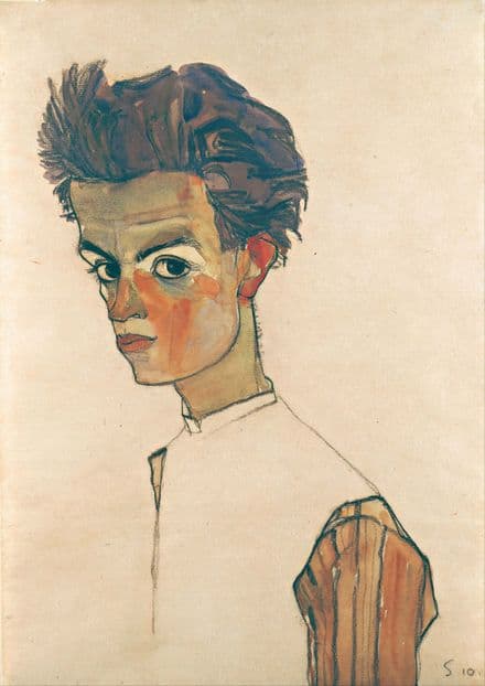 Schiele, Egon: Self-Portrait with Striped Shirt. Fine Art Print/Poster. Sizes: A4/A3/A2/A1 (003720)