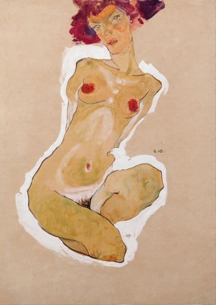 Schiele, Egon: Squatting Female Nude. Fine Art Print/Poster. Sizes: A4/A3/A2/A1 (003725)