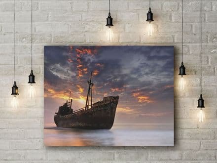 The Dark Traveler II by Maria Kaimaki.  Ship on a Calm Sea at Sunrise. Photographic Art Canvas