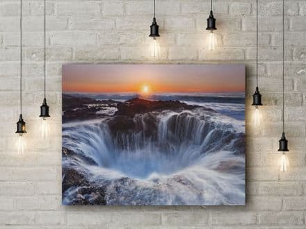 Thor's Well by Miles Morgan. Photographic Seascape, Waterfall with Sunset Art Canvas