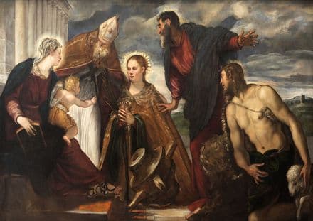Tintoretto, Jacopo Robusti: Virgin and Child, with St Catherine, St Augustine, St Marc and St John. Art Print/Poster. Sizes: A4/A3/A2/A1 (001993)