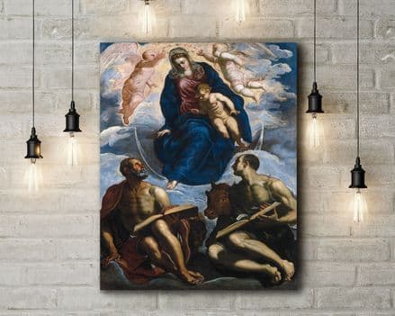 Tintoretto: Mary with the Child, Venerated by St. Marc and St. Luke. Fine Art Canvas.