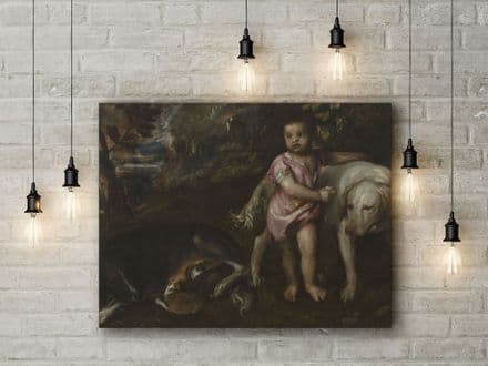 Titian: Boy with Dogs in a Landscape. Fine Art Canvas.