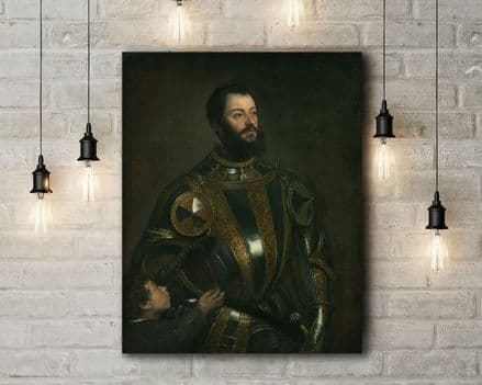 Titian: Portrait of Alfonso d'Avalos, Marquis of Vasto, in Armor with a Page. Fine Art Canvas.