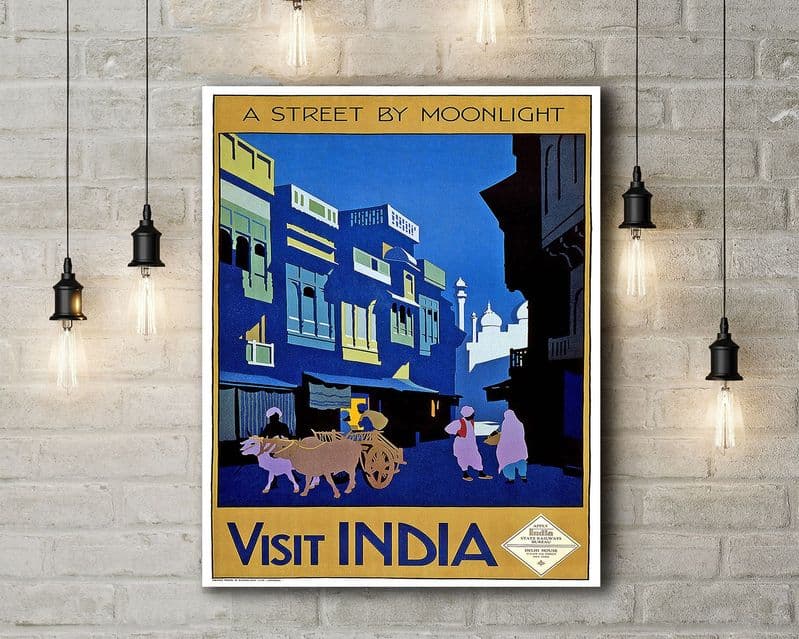 Visit India: A Street by Moonlight, Travel Illustration. Vintage Style Canvas. (13)