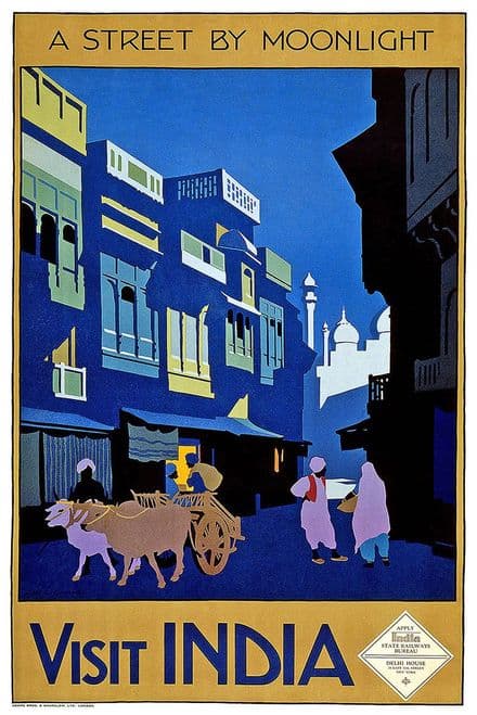 Visit India: A Street by Moonlight.  Vintage Travel Print/Poster. Sizes: A4/A3/A2/A1 (002698)