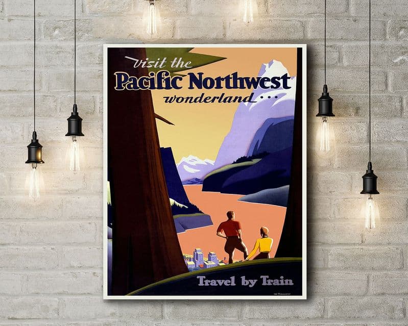 Visit the Pacific Northwest Wonderland, Travel Illustration. Vintage Style Canvas.