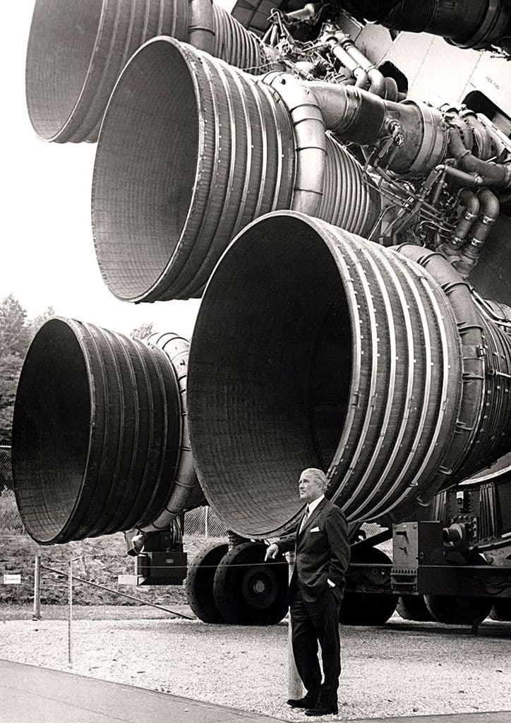 Werner Von Braun with Saturn V Rocket Engines. Space Print/Poster (5379)