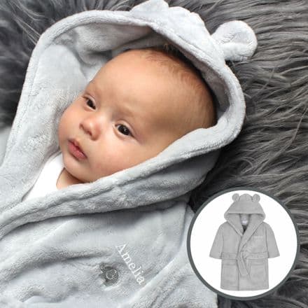 Grey Bear Ears Hooded Baby Dressing Gown (Personalise me