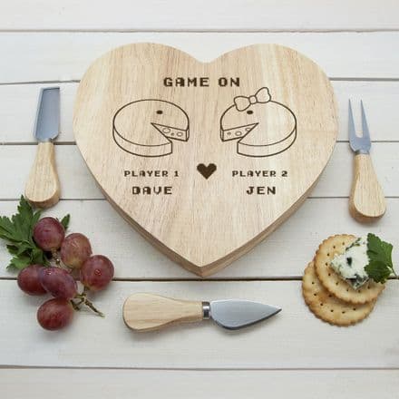 Retro 'GAME ON' couples' heart cheese board