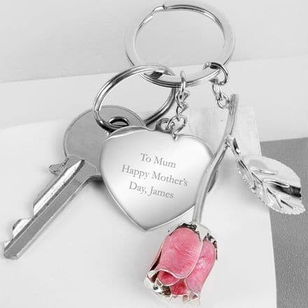 Silver Plated Pink Rose Keyring (Personalised)