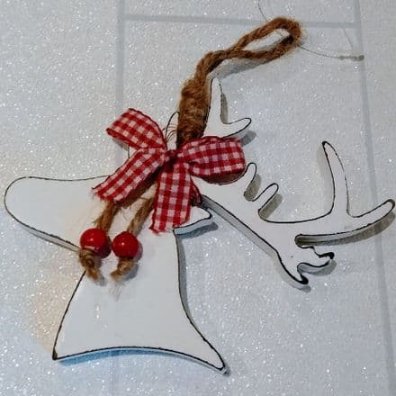 White Hanging Wooden Stag Head With Bow And Red Beads