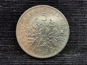 France, Silver (.835), 5 Francs 1965, VF, OL269