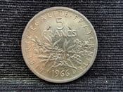 France, Silver (.835), 5 Francs 1966, VF, OL328