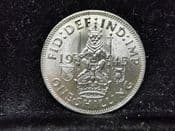 George VI, Silver (.500), One Shilling 1945 (Scottish), UNC, MY794