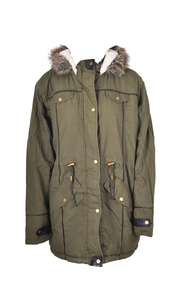 Parka With Leather Detail And Faux Fur Trim