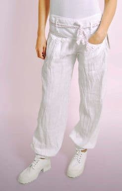 White Linen Trousers With Floral Belt