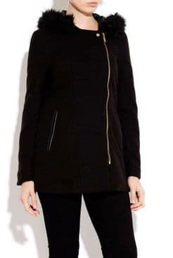 Womens Long Length Wool Biker Jacket With Gold Detailing