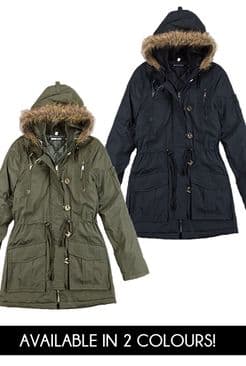 Womens Military Style Parka Jacket With Faux Fur Hood in sizes 8-16