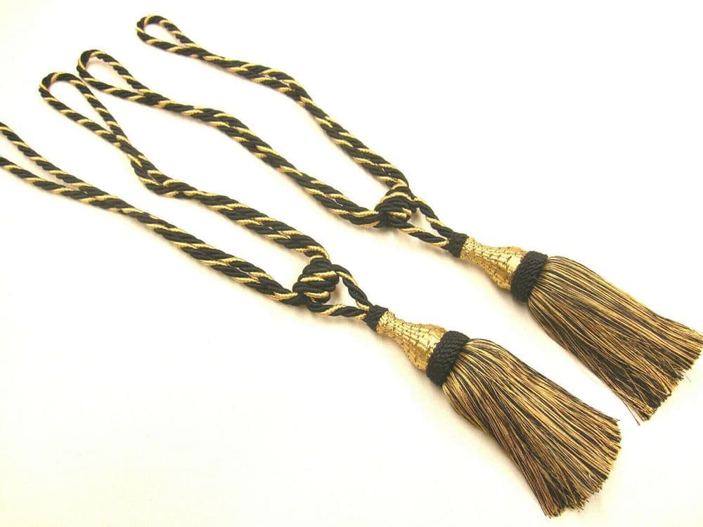 2 Prince Black & Gold Curtain Tassel Tiebacks Tie Backs PAIR Cord Cable ...