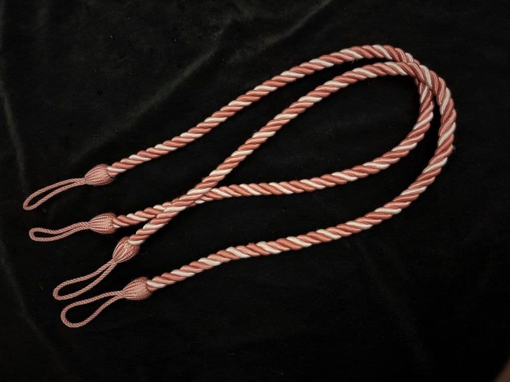 2 Rope curtain tiebacks Pink & Cream slender slinky cord drape tie hold backs