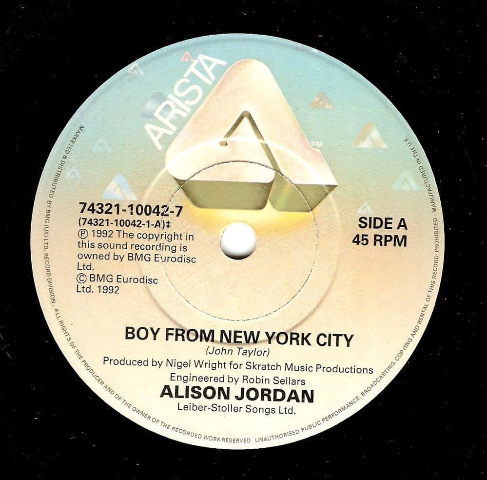 ALISON JORDAN Boy From New York City Vinyl Record 7 Inch Arista 1992