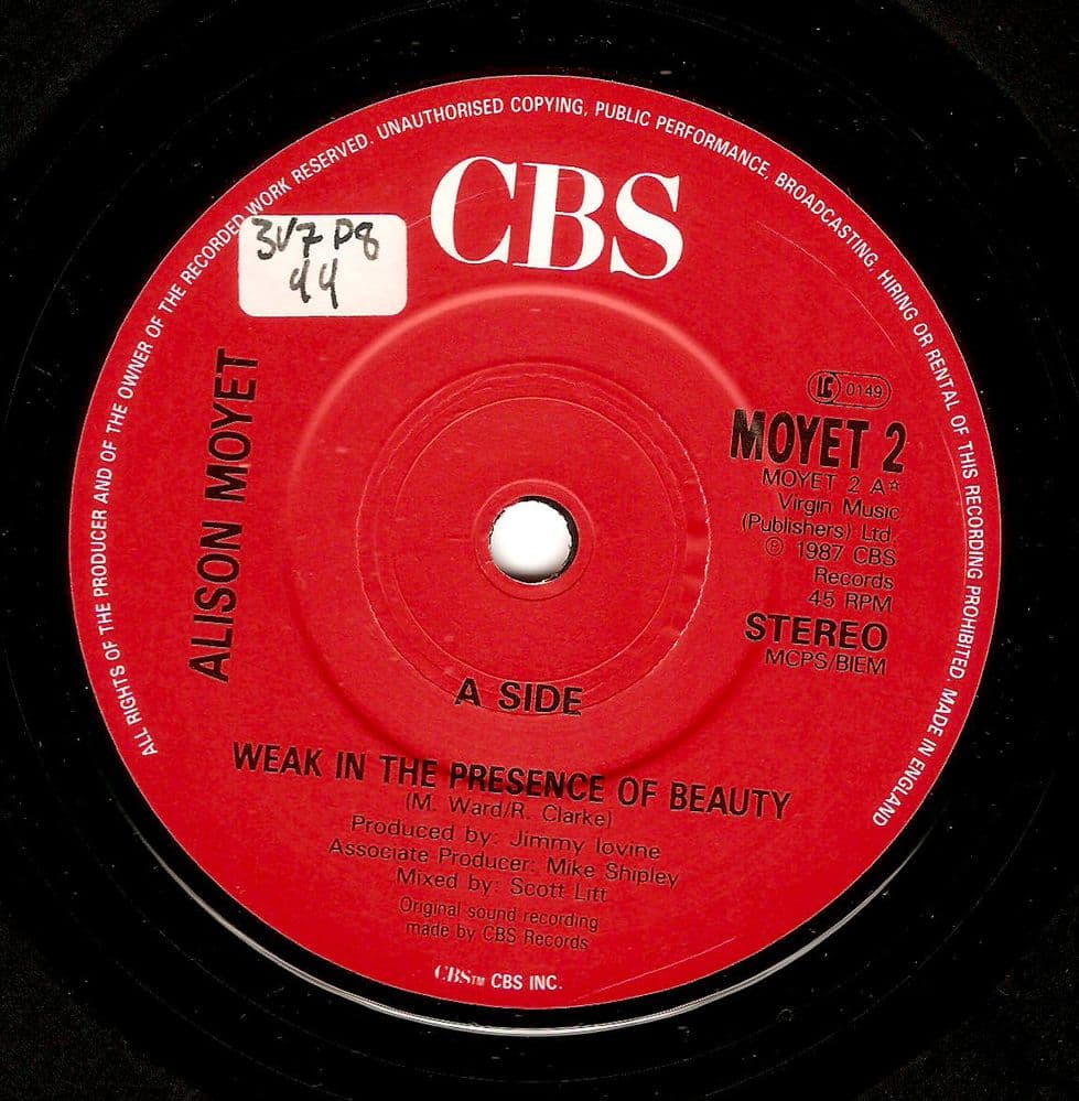ALISON MOYET Weak In The Presence Of Beauty Vinyl Record 7 Inch CBS 1987