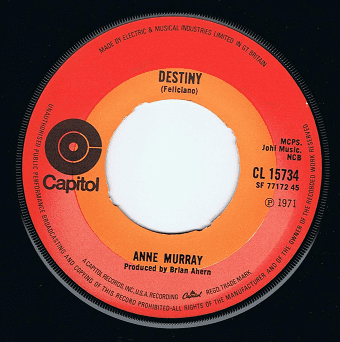 ANNE MURRAY Destiny 7" Single Vinyl Record 45rpm Capitol 1971