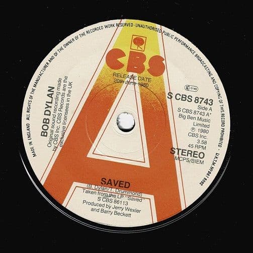 BOB DYLAN Saved Vinyl Record 7 Inch CBS 1980 Promo