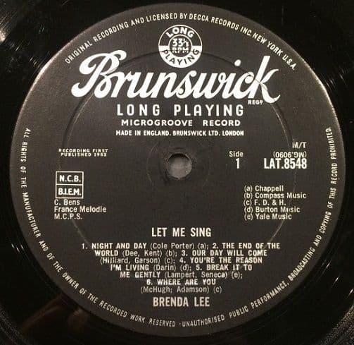 BRENDA LEE Let Me Sing Vinyl Record LP Brunswick 1963