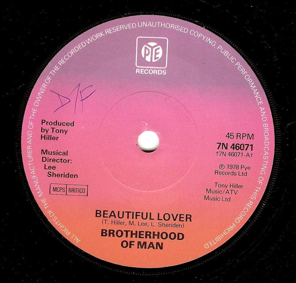 BROTHERHOOD OF MAN Beautiful Lover Vinyl Record 7 Inch Pye 1978.