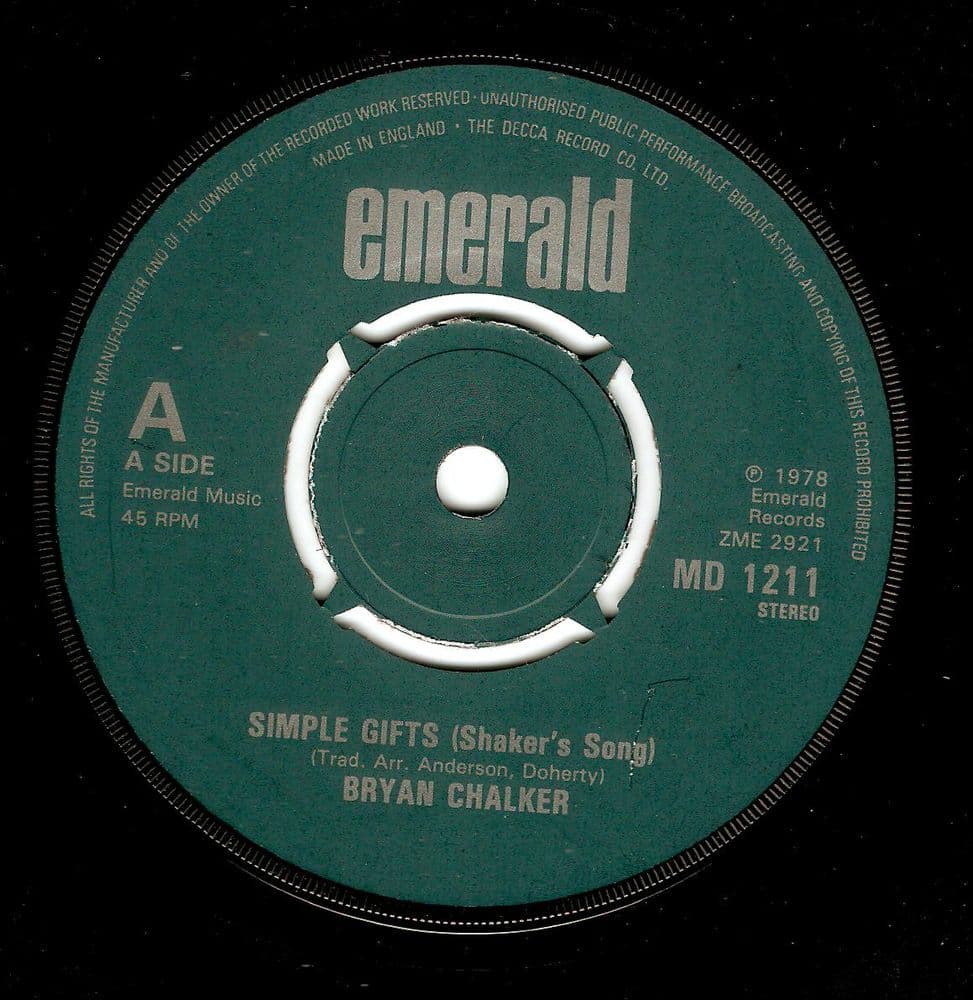 BRYAN CHALKER Simple Gifts (Shaker's Song) Vinyl Record 7 Inch Emerald 1978