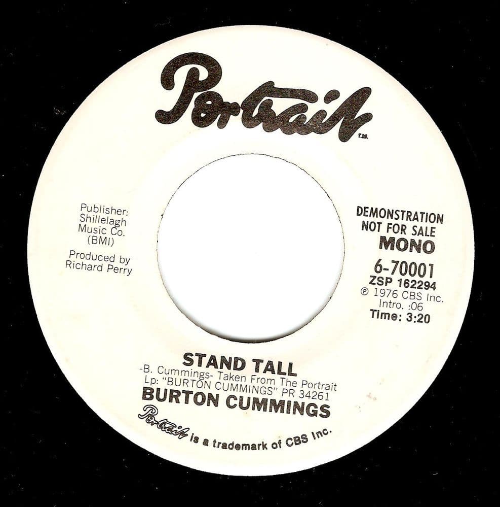 BURTON CUMMINGS Stand Tall Vinyl Record 7 Inch US Portrait 1976 Demo