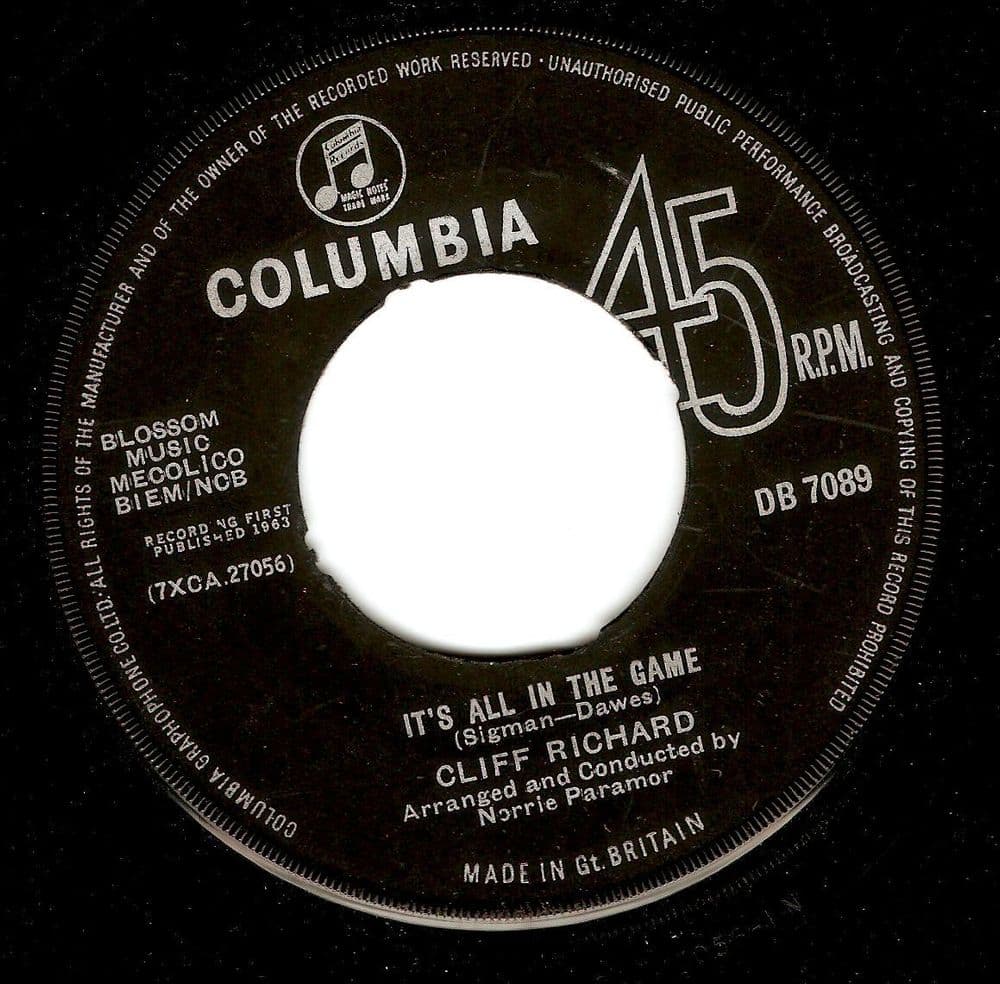 CLIFF RICHARD It's All In The Game Vinyl Record 7 Inch Columbia 1963